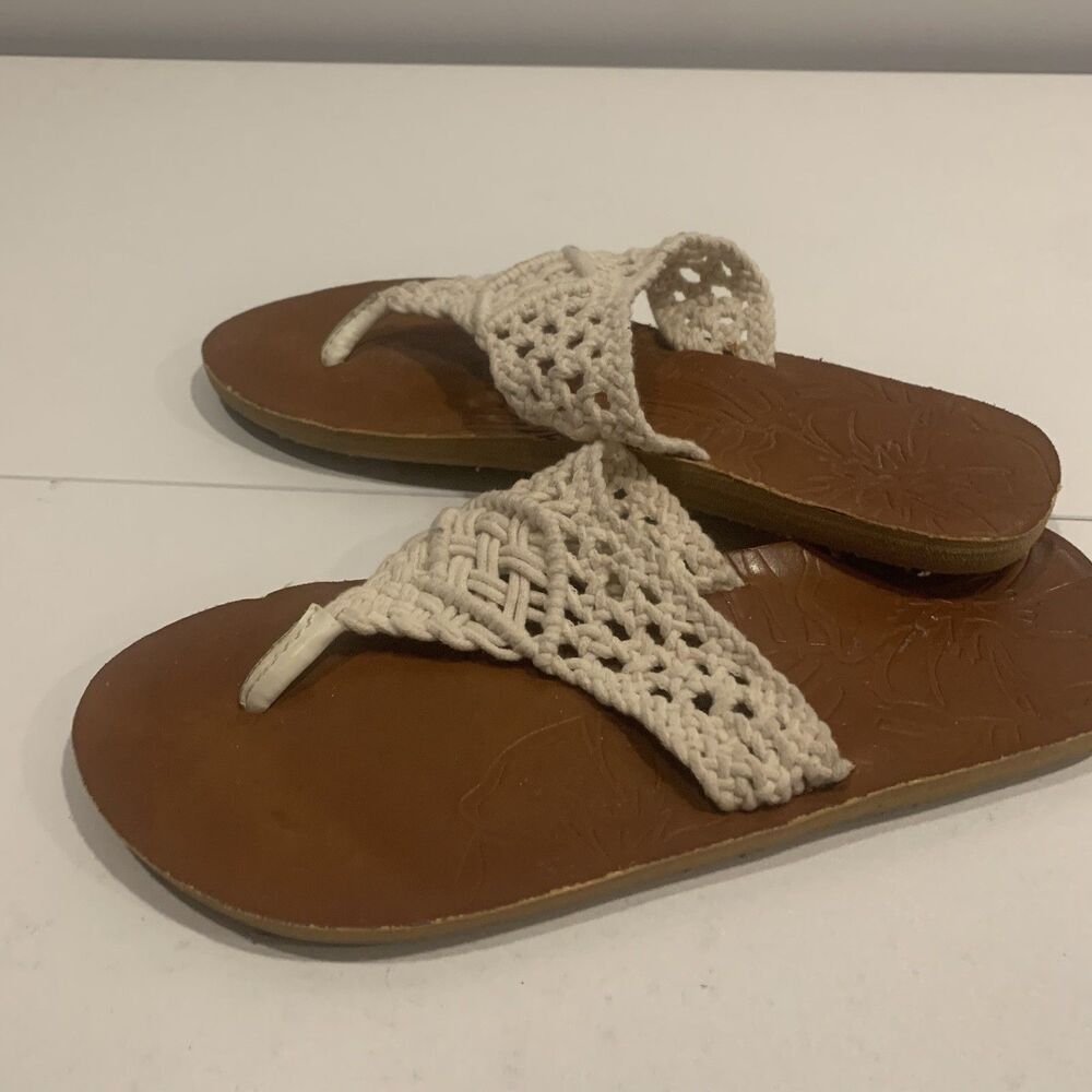 T-strap Sandals Thongs Flip Flop Flats Ivory White Macrame Womens Sz 9 - Picture 13 of 16